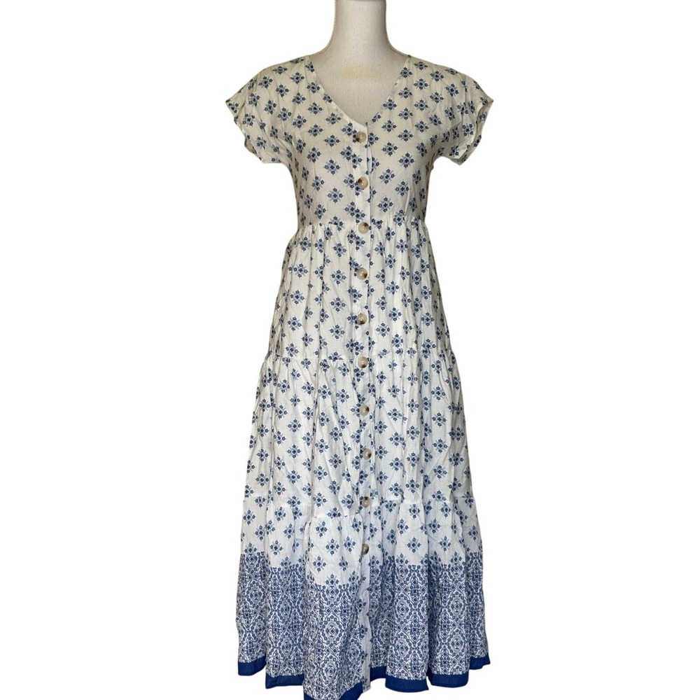 Blu Pepper White Blue Tiered Button Front Midi Dress Small, cottagecore NWT